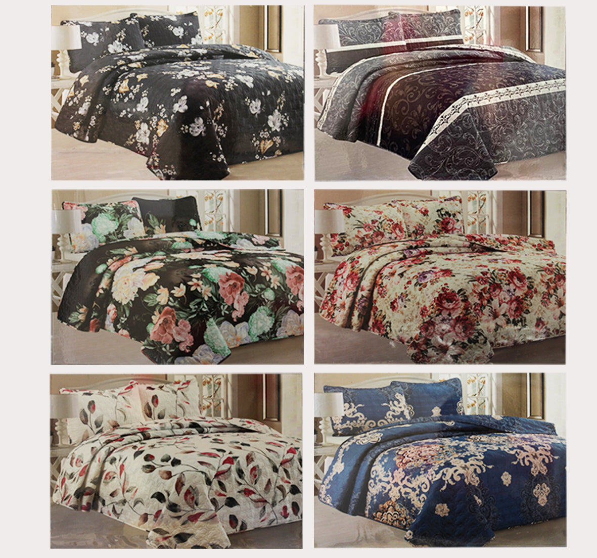 SET 6 Printed 3pc Quilted Cover Set Home Aesthetics