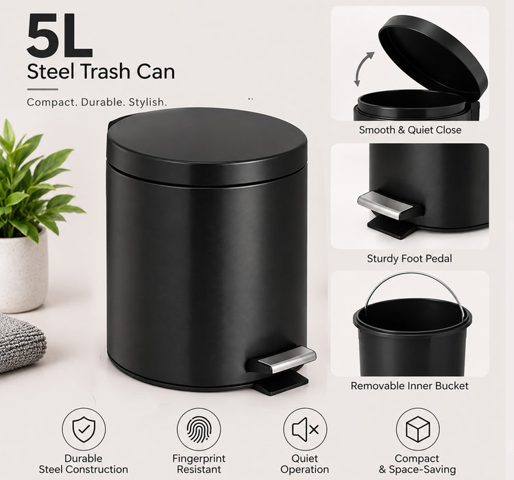 Steel Trash Can Set - Matte Black