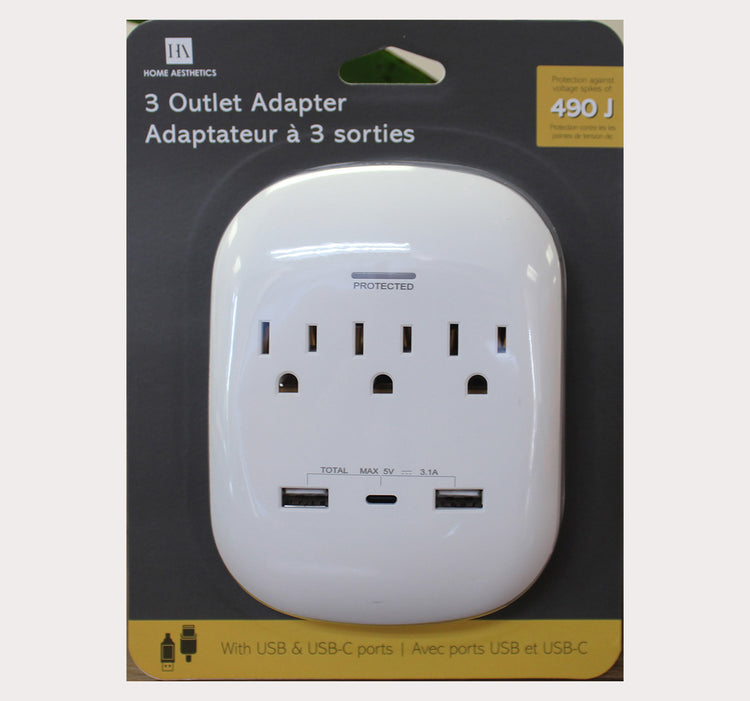 6 in 1, 3 OUTLET ADAPTER with 2 USB-A & 1 USB-C