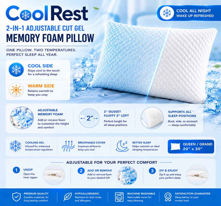 2 in 1 Cooling/ Warm memory Foam Adjustable Cut Gel Infused Pillow