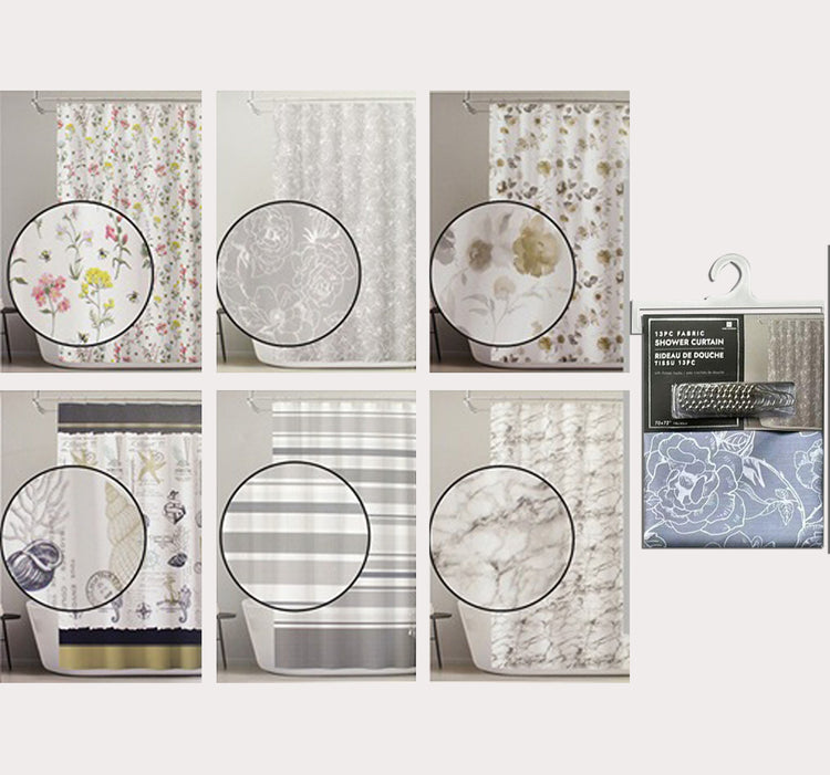 Printed Fabric Shower Curtain With Hooks