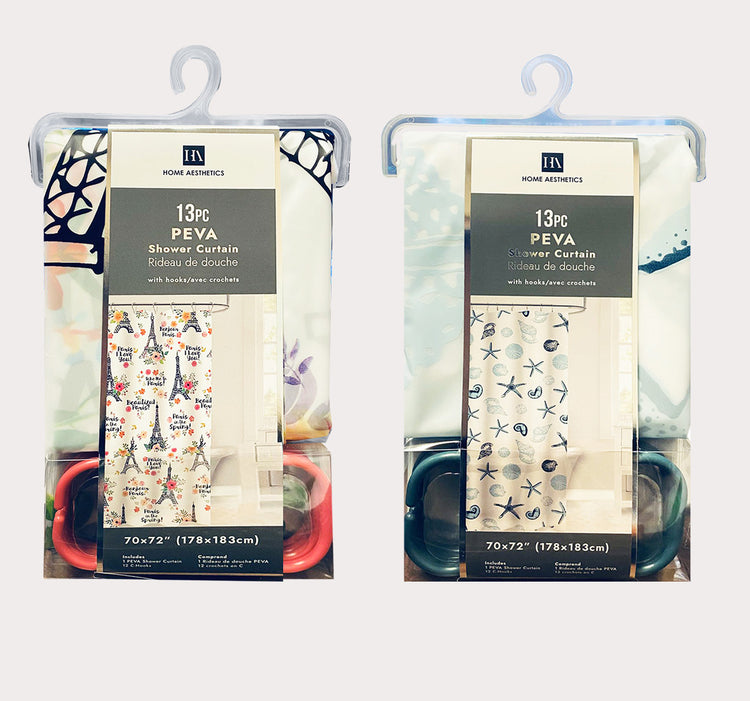 13pc Peva Printed Shower Curtain with Matching Colour Hooks