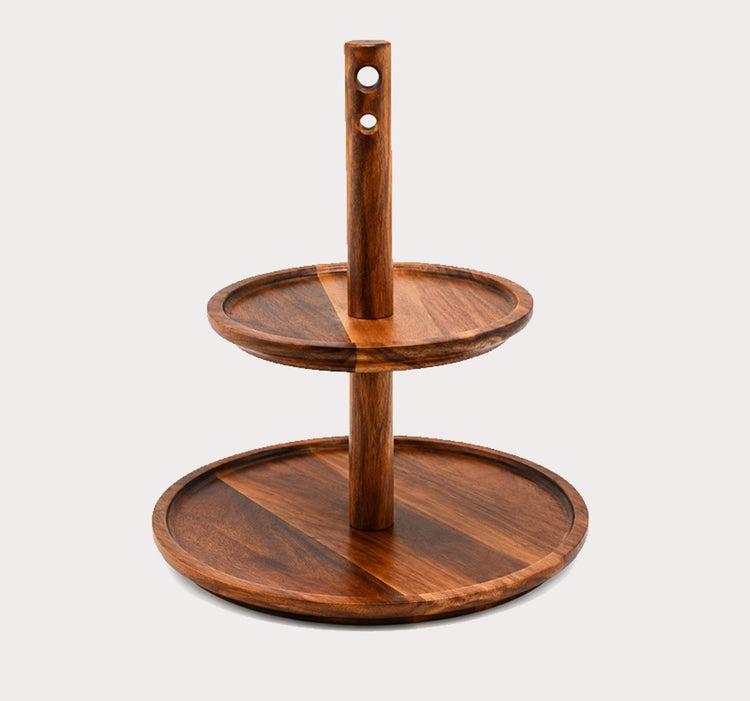 Acacia Wood 2-Tier Round Serving Tray
