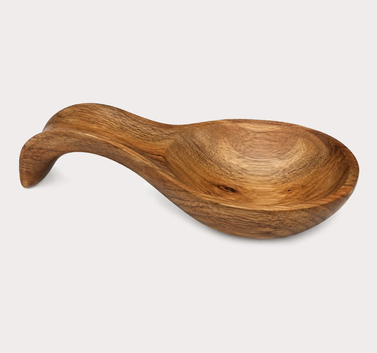 Acacia Wood Spoon Rest with Curved Handle and Deep Spoon Bowl