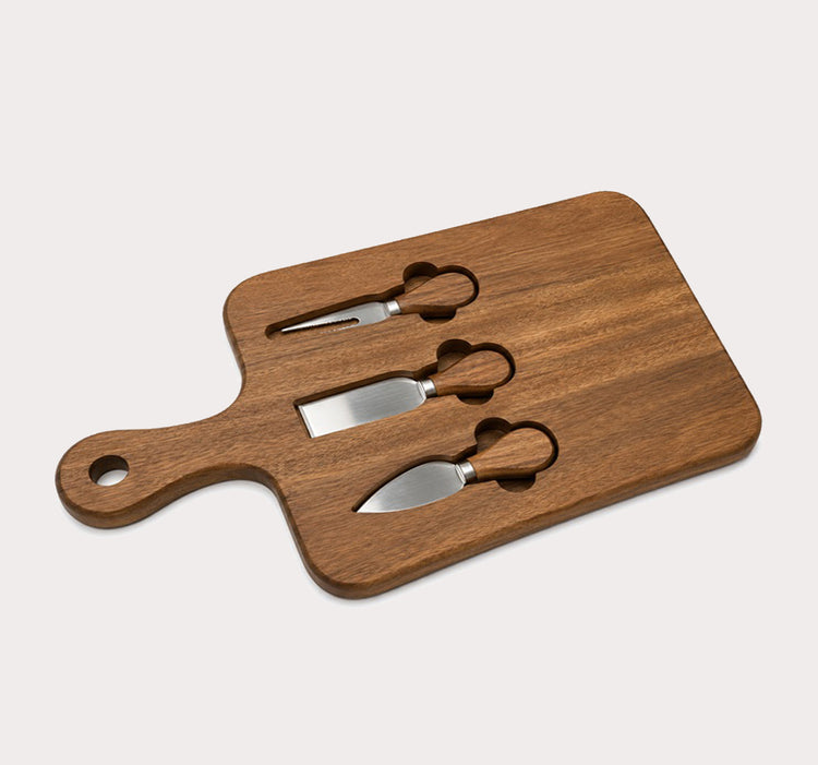 Acacia Wood Cheese Serving Board Set with 3 Stainless Steel Cheese Knives & Storage Slots