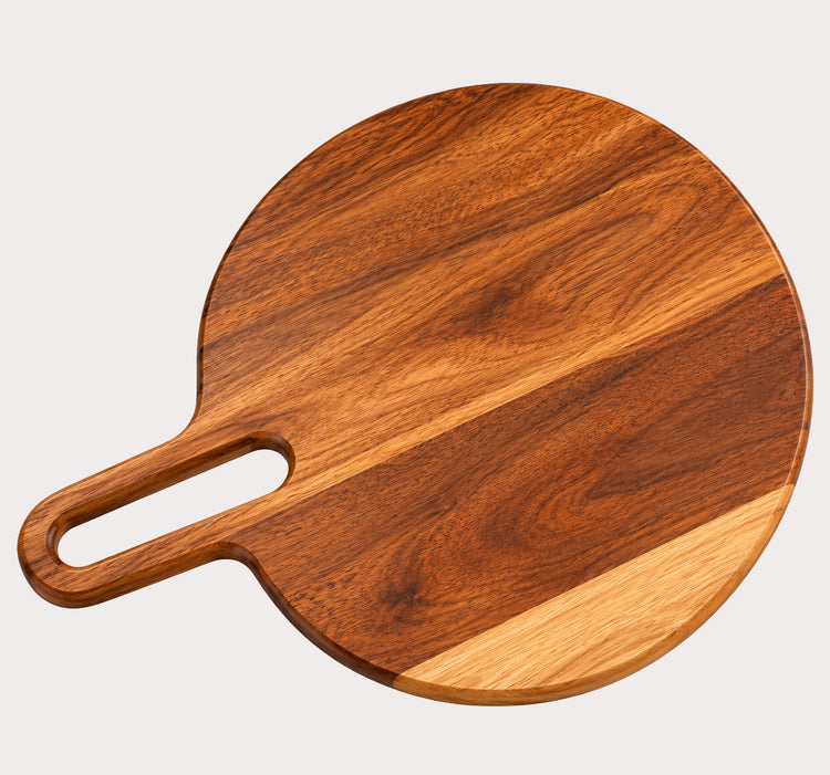 Acacia Wood Round Cutting Board with Integrated Handle and Natural Two-Tone Wood Grain