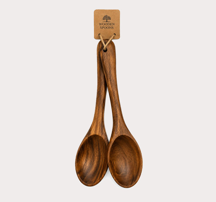 Acacia Wood Cooking Spoon Set of 2 with Deep Oval Bowls, Long Handles and Natural Wood Grain