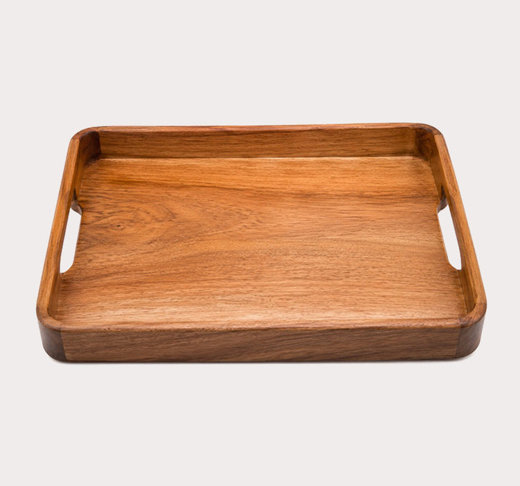 Acacia Wood Serving Tray with Raised Edges, Integrated Cutout Handles and Natural Wood Grain Finish