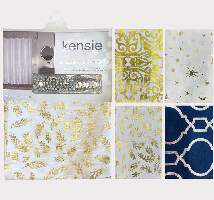 Amelia Metallic Fabric Shower curtain set with Hooks
