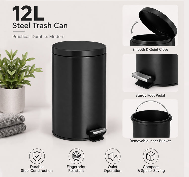 12L Steel Trash Can Set - Matte Black