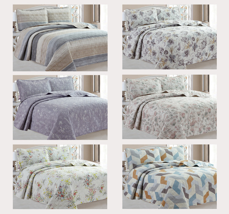 SET 6 Printed 3pc Quilted Cover Set