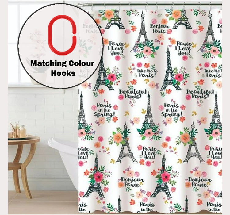 13pc Peva Printed Shower Curtain with Matching Colour Hooks