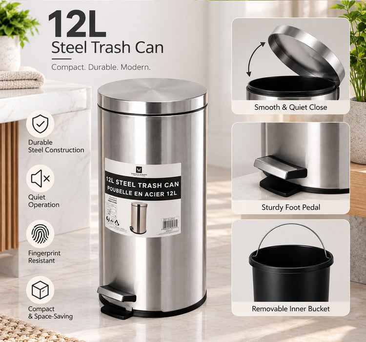 12L Steel Trash Can Set - Stainless Steel