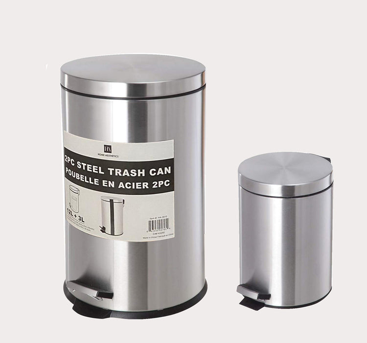 2pc Steel Trash Can Set - Stainless Steel