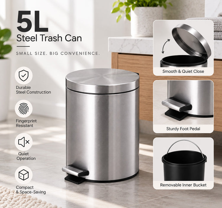Steel Trash Can Set - Stainless Steel