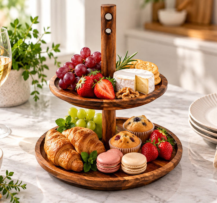 Acacia Wood 2-Tier Round Serving Tray