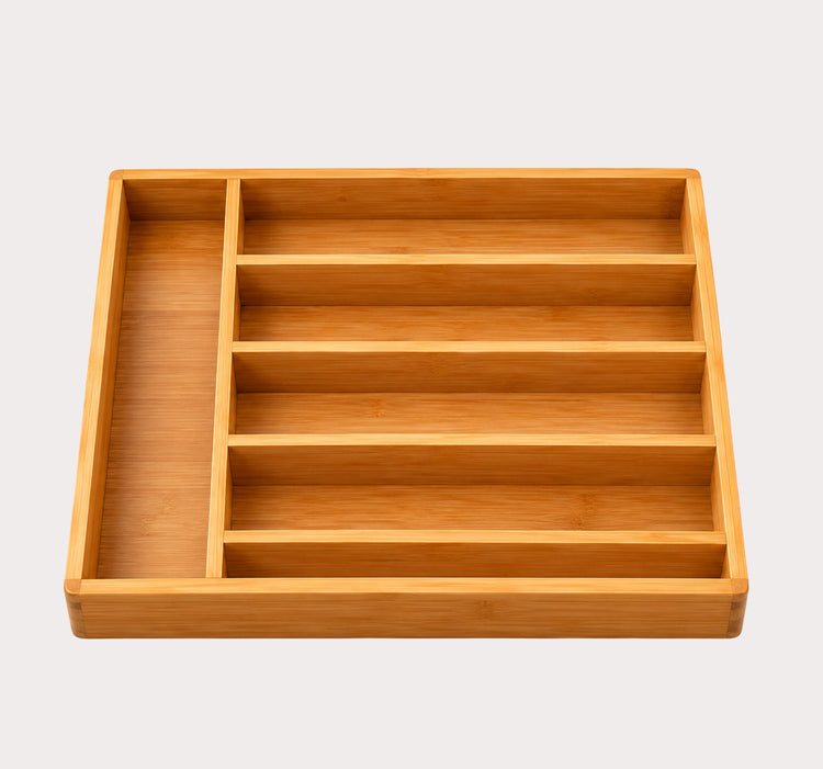 Bamboo Kitchen Drawer Organizer w/5 Compartments- Cutlery & Utensil Storage