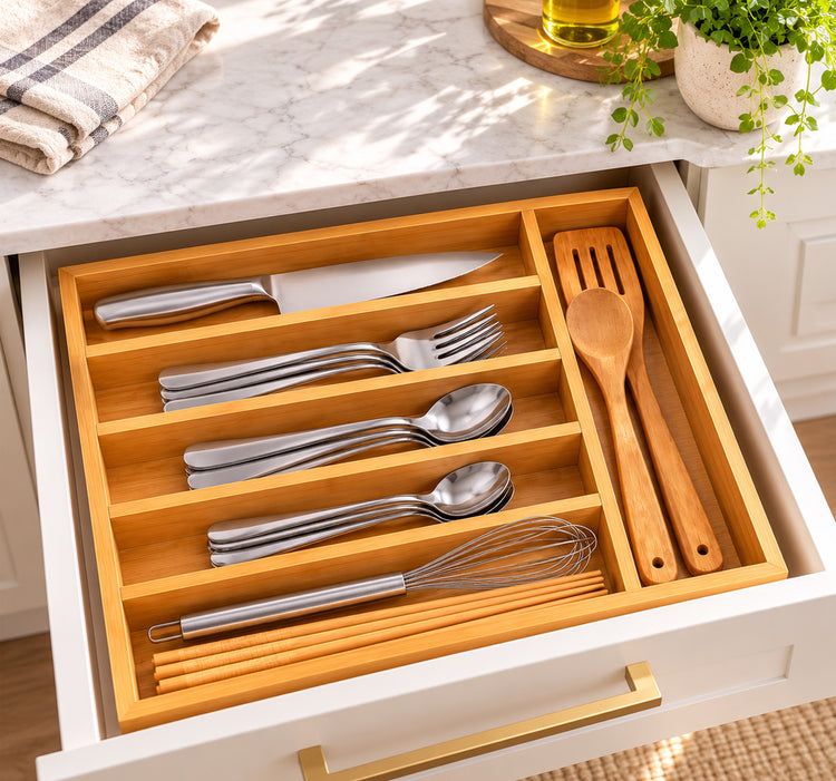 Bamboo Kitchen Drawer Organizer w/5 Compartments- Cutlery & Utensil Storage
