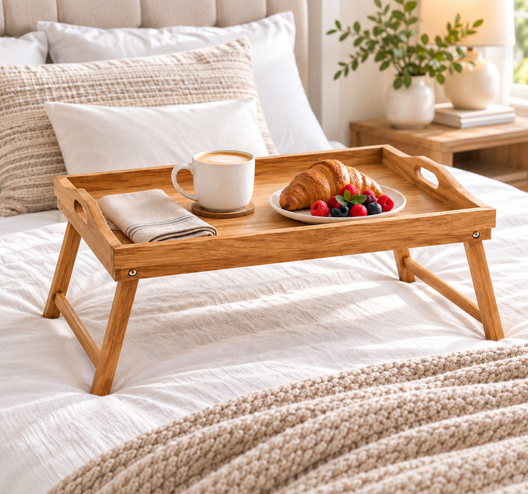 Wooden Breakfast Tray with Folding Legs and Side Handles