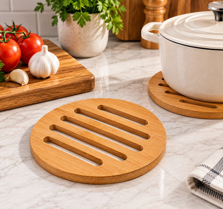 Round Bamboo Slotted Trivet for Hot Pots, Pans and Cookware