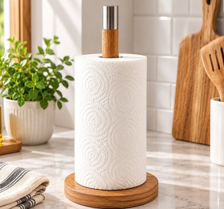 Acacia Wood Paper Towel Holder with Stainless Steel Top Cap