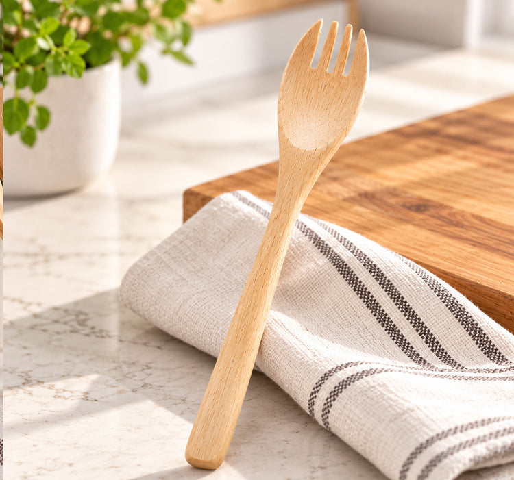 Natural Wood Slotted Spoon with Three Slots and Long Handle