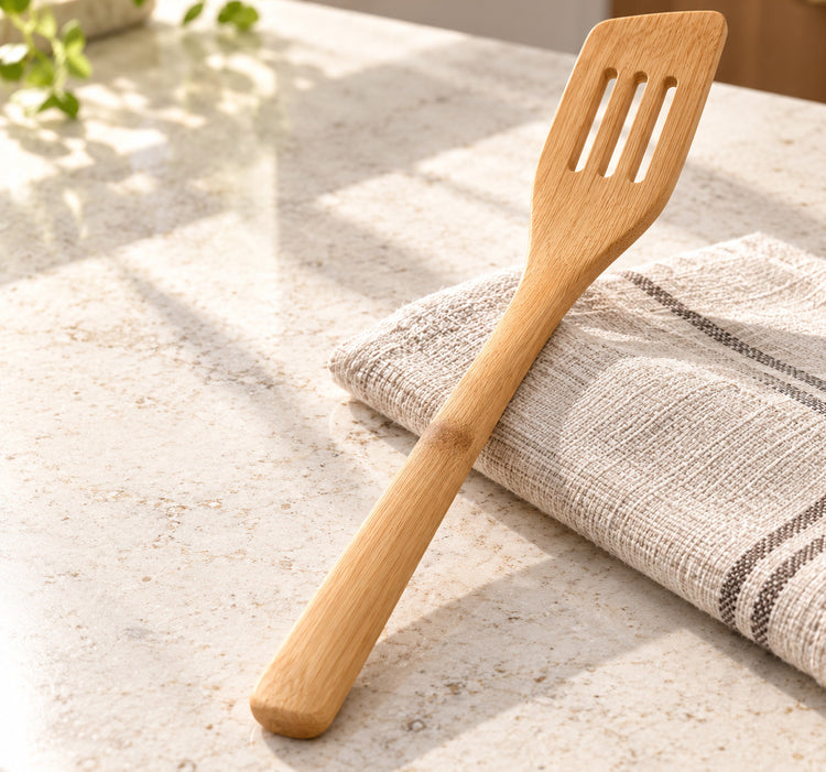 Natural Wood Slotted Turner Spatula with Three Drainage Slots and Long Handle