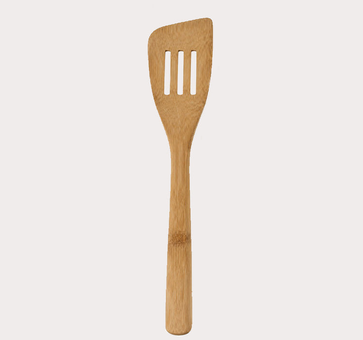 Natural Wood Slotted Turner Spatula with Three Drainage Slots and Long Handle