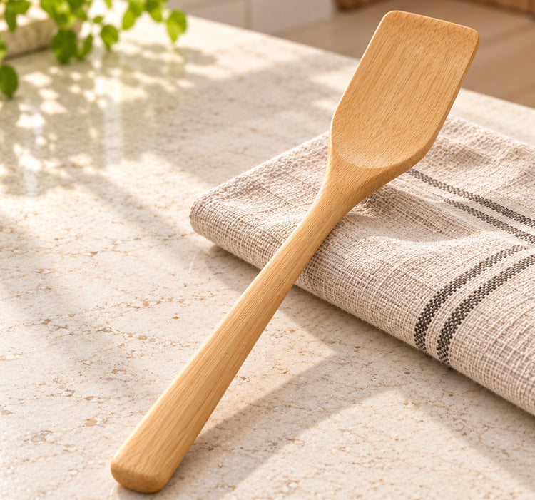 Natural Wood Solid Turner Spatula with Wide Flat Head and Long Handle