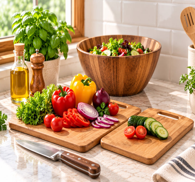 2pc Set Bamboo Cutting Board with Built-In Handles and Reversible