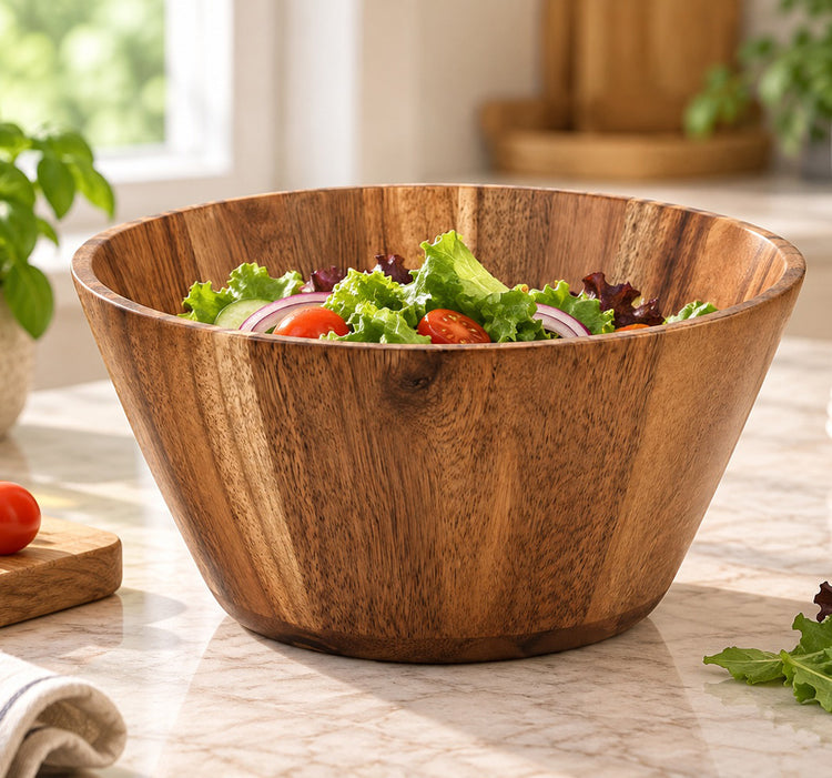 Acacia Wood Salad Bowl w/Natural Grain Finish for Serving Salads, Fruits & Snacks
