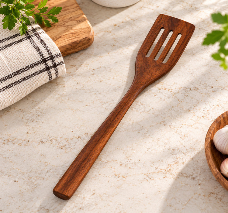 Wood Slotted Turner Spatula with Three Drainage Slots