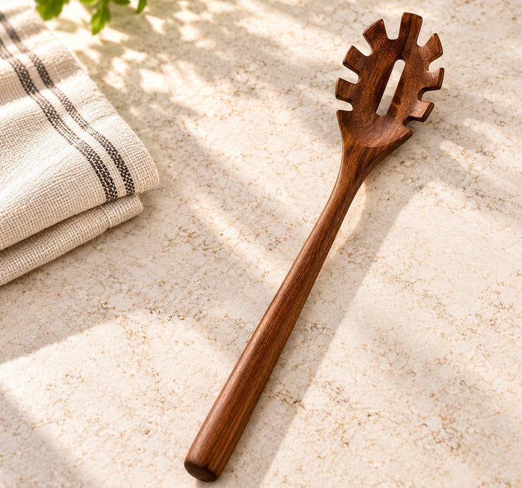 Wood Pasta Server with Slotted Head and Long Handle
