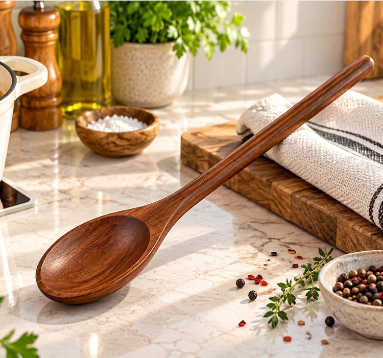 Wood Oval Cooking Spoon with Deep Bowl and Long Handle
