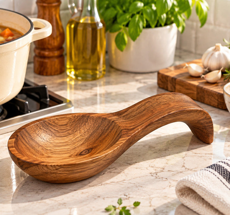 Acacia Wood Spoon Rest with Curved Handle and Deep Spoon Bowl