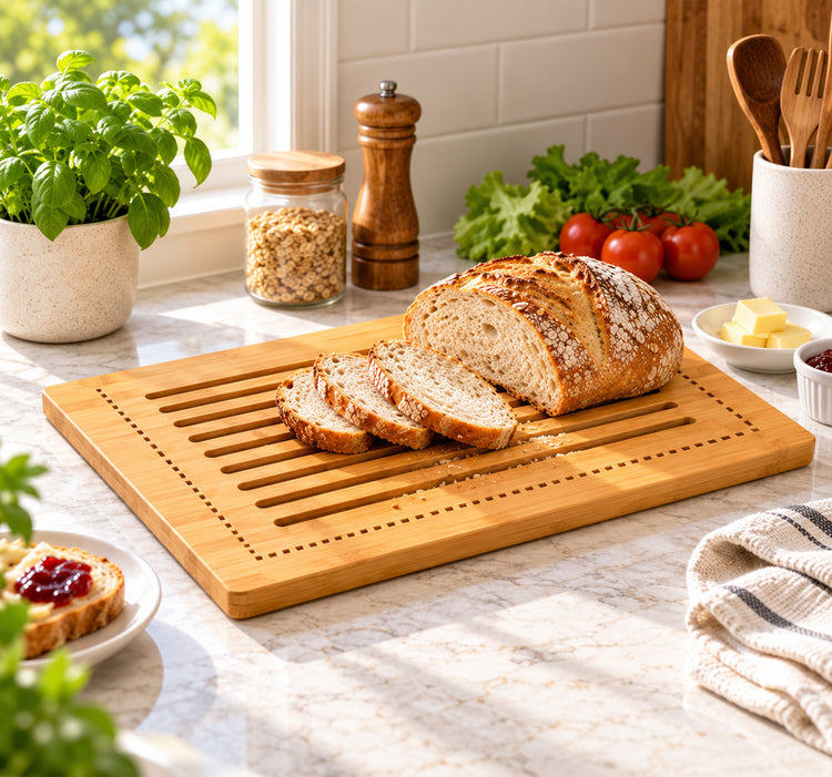 Bamboo Bread Cutting Board with Slotted Surface and Perforated Border