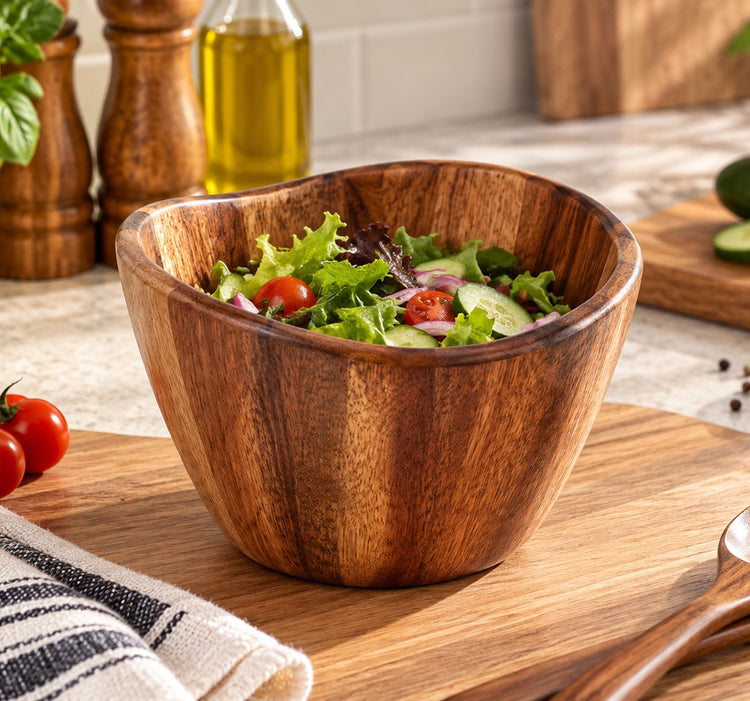 Acacia Wood Serving Bowl with Deep Interior and Natural Wood Grain Finish