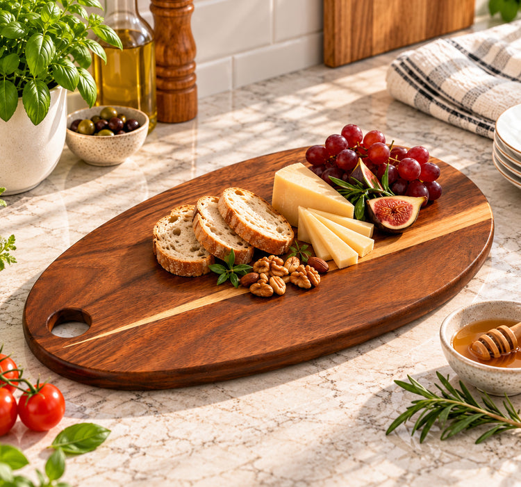 Acacia Wood Serving Board w/Oval Shape, Natural Wood Grain & Hanging Hole- Large