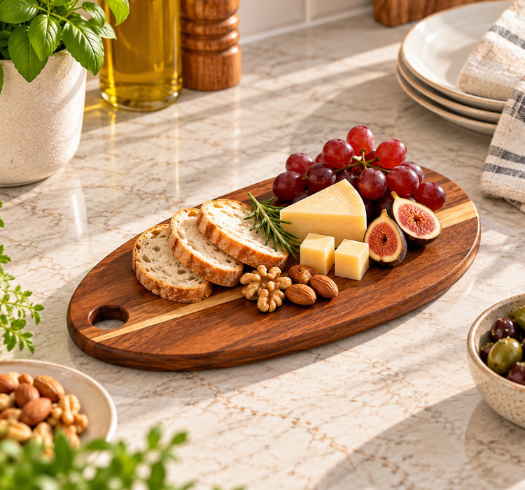 Acacia Wood Serving Board w/Oval Shape, Natural Wood Grain & Hanging Hole- Medium