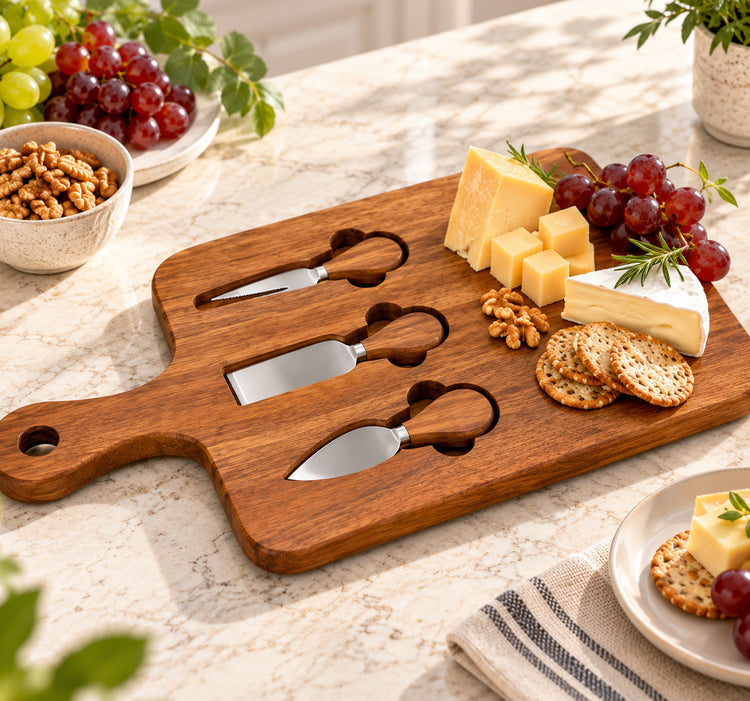 Acacia Wood Cheese Serving Board Set with 3 Stainless Steel Cheese Knives & Storage Slots