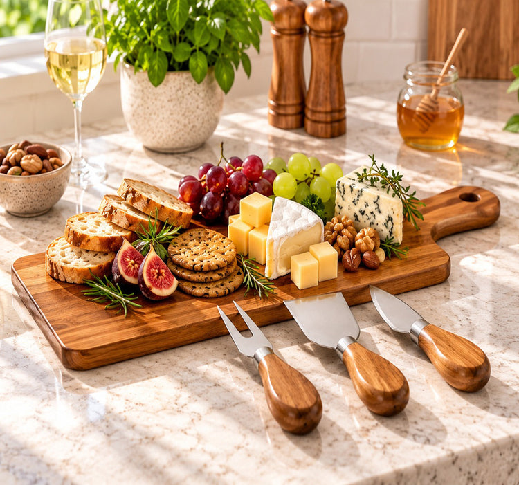 Acacia Wood Cheese Board Set with 3 Stainless Steel Cheese Tools