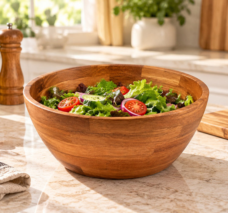 Acacia Wood Serving Bowl with Deep Rounded Design and Natural Mixed-Wood Grain Finish