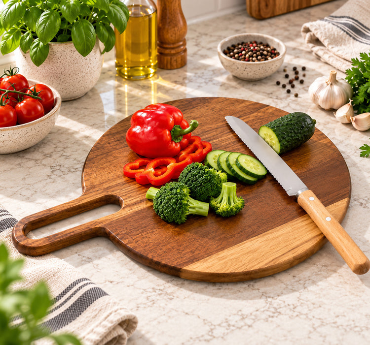 Acacia Wood Round Cutting Board with Integrated Handle and Natural Two-Tone Wood Grain