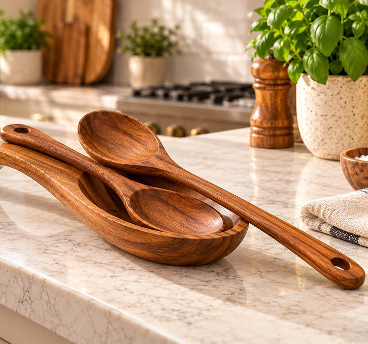 Acacia Wood Cooking Spoon Set of 2 with Deep Oval Bowls, Long Handles and Natural Wood Grain