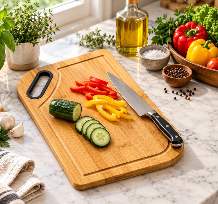 Bamboo Cutting Board with Built-In Black Handle, Deep Juice Groove and Natural Bamboo Grain