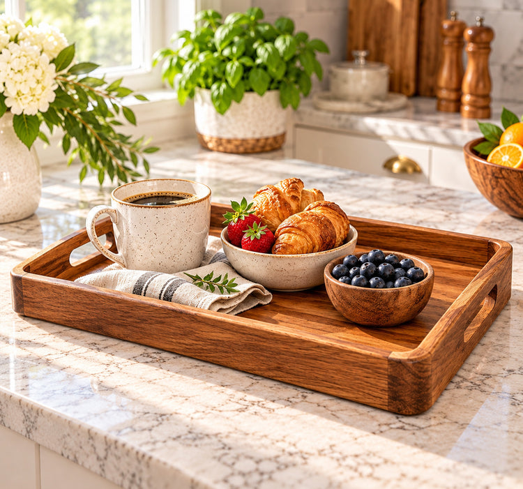 Acacia Wood Serving Tray with Raised Edges, Integrated Cutout Handles and Natural Wood Grain Finish