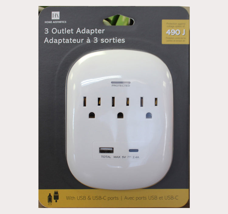 5 in 1, 3 OUTLET ADAPTER with 1 USB-A & 1 USB-C