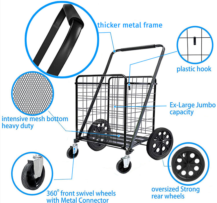 Premium Shopping Cart with 360° Rolling Swivel Wheels- Large & Medium